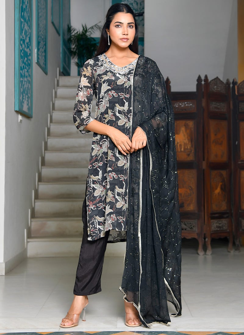 Black Crepe Floral Print Embroidered Straight Pant Suit  After Six Wear