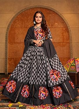 Black Crepe Kutch With Mirror Work Printed Chaniya Choli