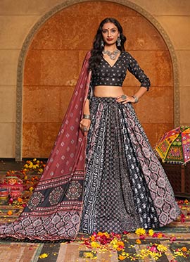 Black Crepe Printed And Mirror Work Chaniya Choli