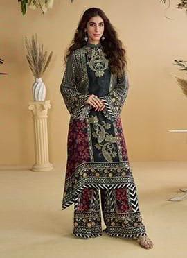 Black Crepe Printed Sequins Mirror Work Kurta Palazzo Set