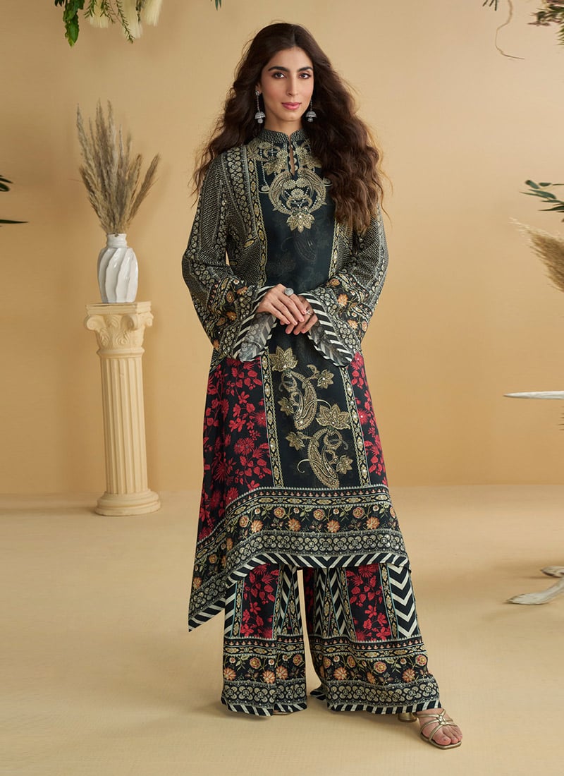 Black Crepe Printed Sequins Mirror Work Kurta Palazzo Set