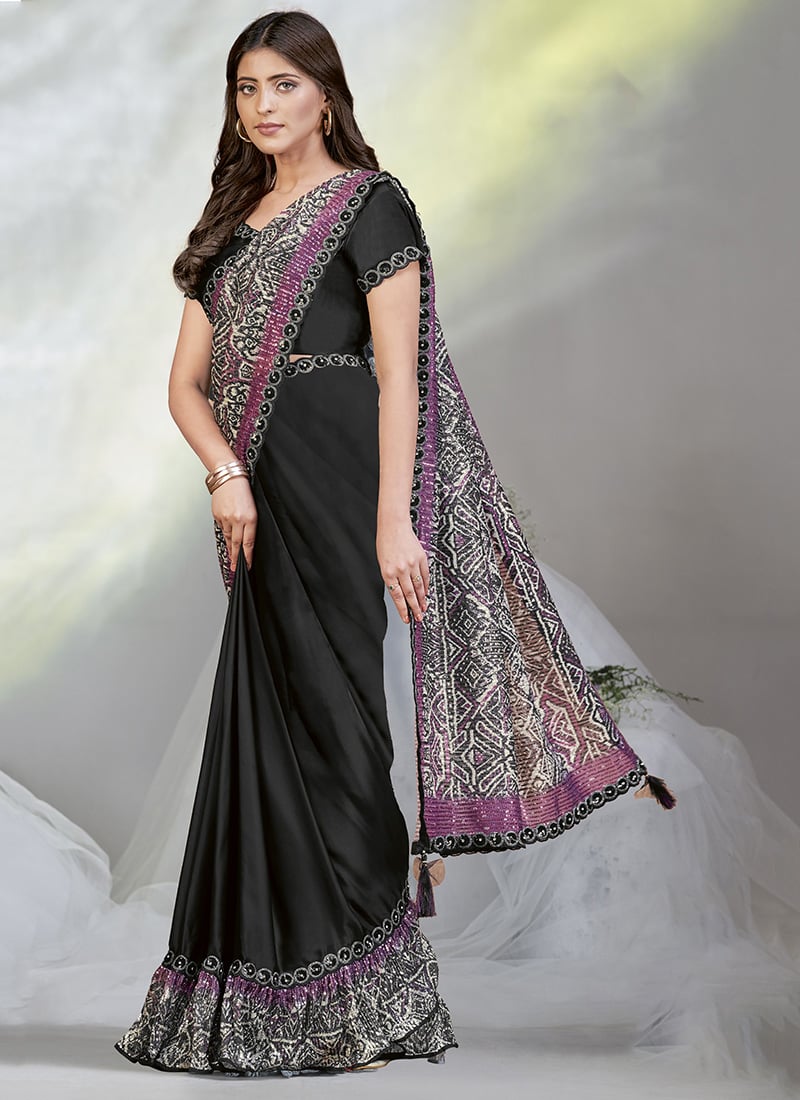 Black Crepe Satin Silk Embroidered Sequins Saree Wedding Wear