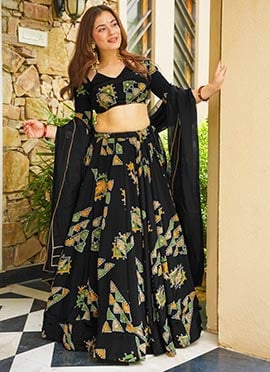 Black Crepe Silk Digital Print Lehenga
