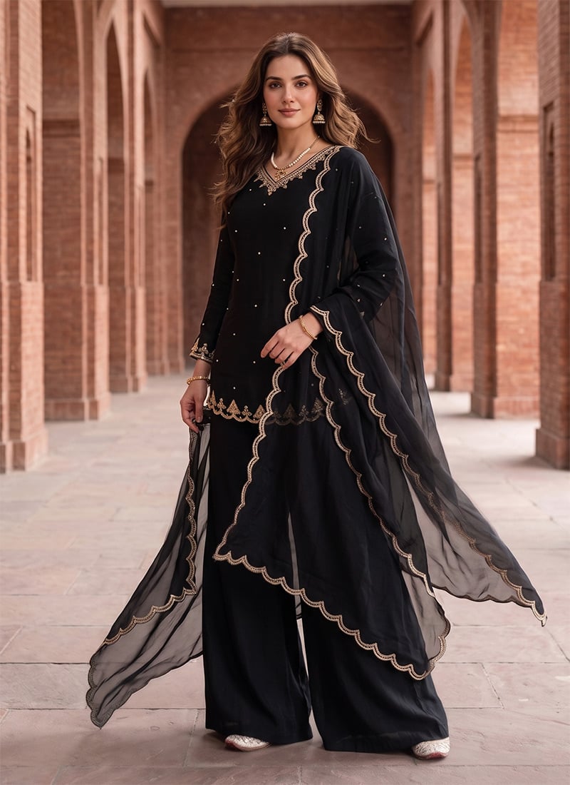 Black Crepe Silk Embroidered Palazzo Suit After Six Wear