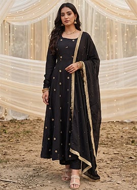 Black Crepe Silk Embroidered Sequins Beads Anarkali Suit