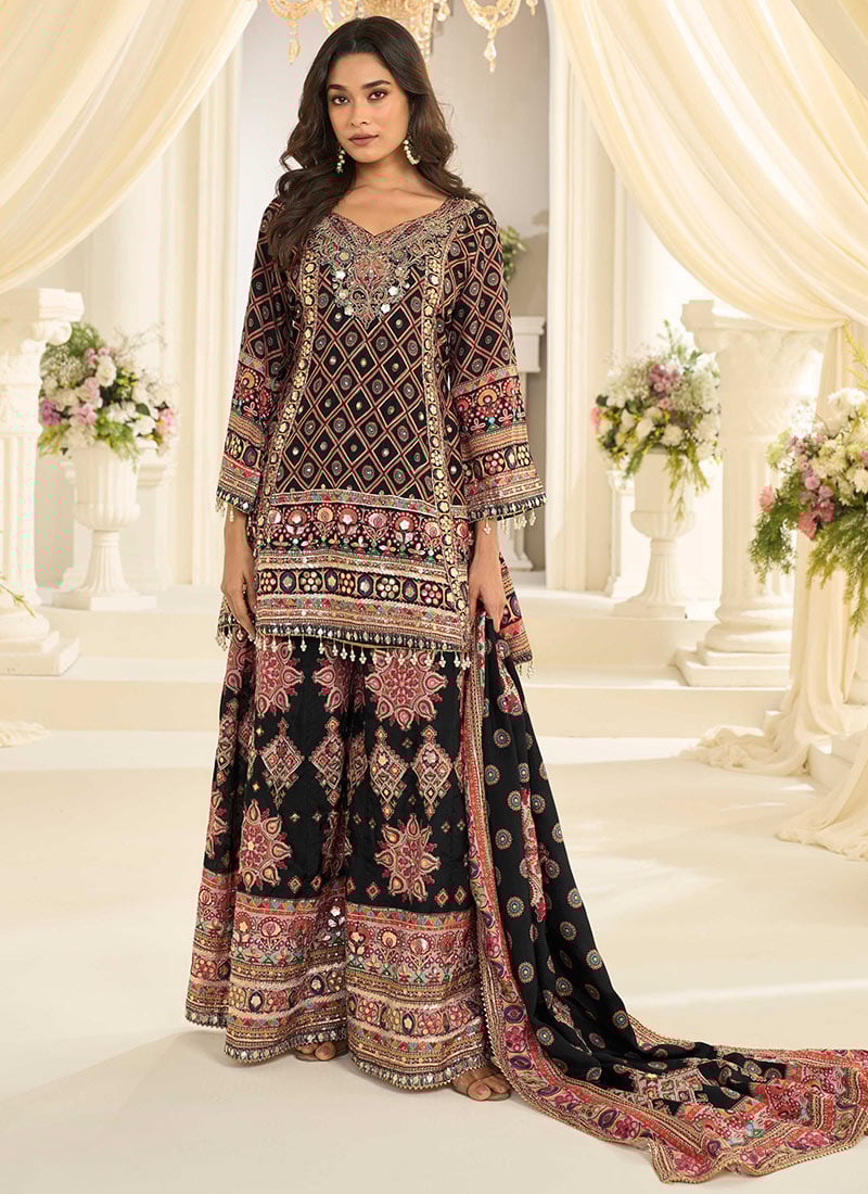 Black Crepe Silk Embroidered Sequins Gota Beads Aari Printed Palazzo Suit Festive Wear