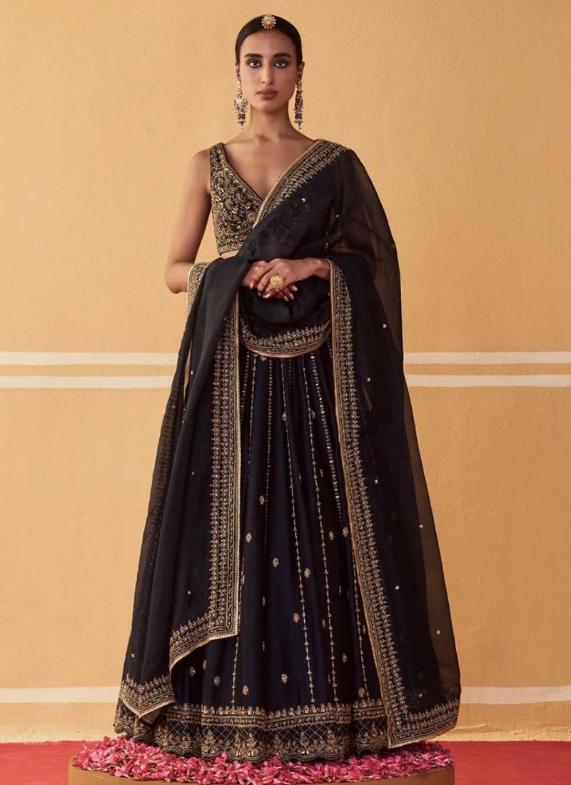 Black Crepe Silk Sequins Zari Embroidered Lehenga Wedding Wear
