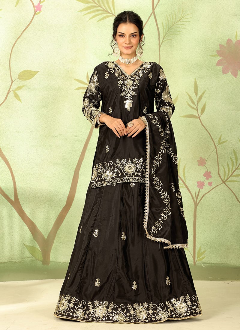 Black Crepe Silk Zari Embroidered Sequins Long Choli Lehenga