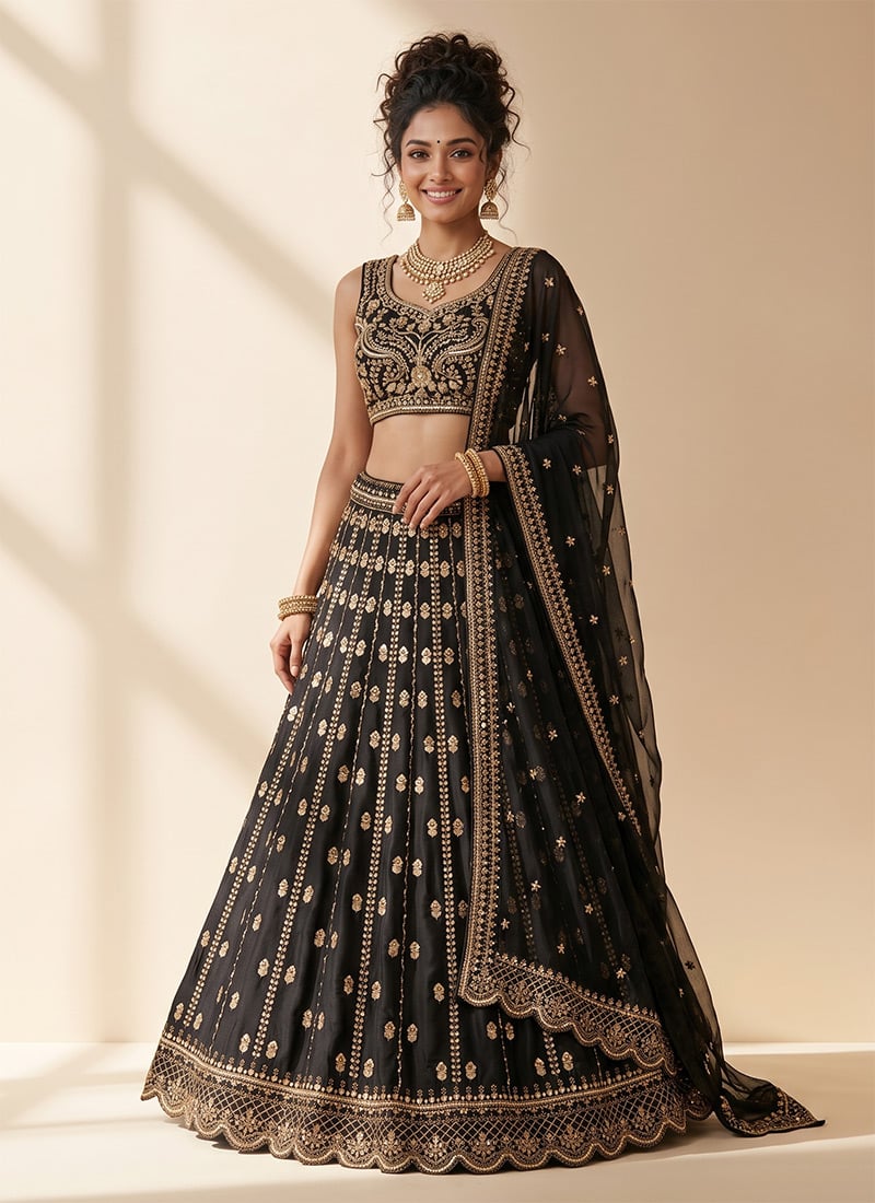 Black Crepe Silk Zari Embroidered Sequins Scalloped Lehenga Wedding Wear