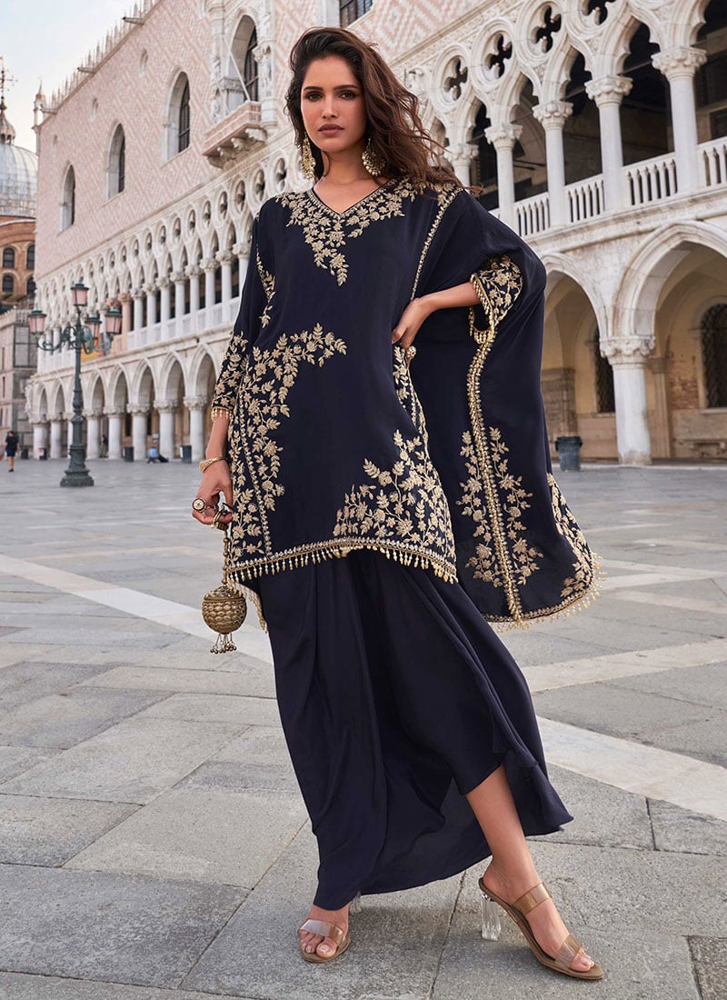 Black Crepe Zari And Sequins Embroidered Skirt Set And Kaftan Wedding Wear