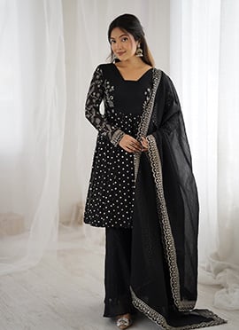 Black Crunchy Silk Embroidered Sequins Palazzo Suit