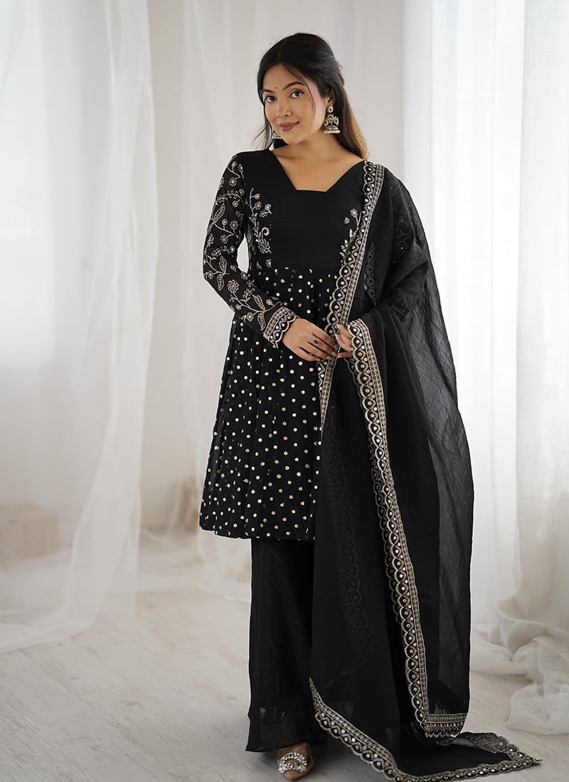 Black Crunchy Silk Embroidered Sequins Palazzo Suit Festive Wear
