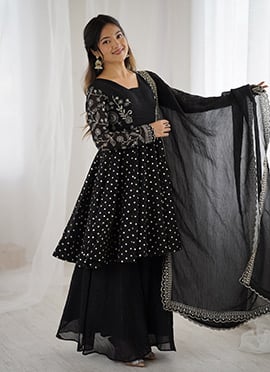 Black Crunchy Silk Zari And Embroidered Sequins Palazzo Suit