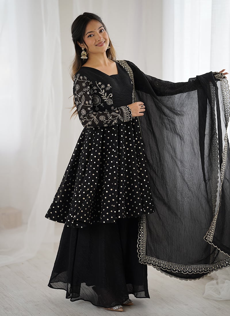 Black Crunchy Silk Zari And Embroidered Sequins Palazzo Suit Festive Wear
