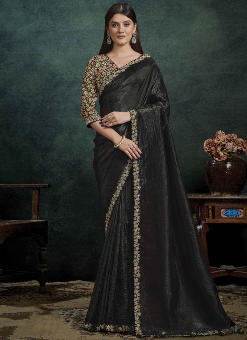 Black Crush Paper Silk Moti Hand Embroidered Saree Wedding Wear