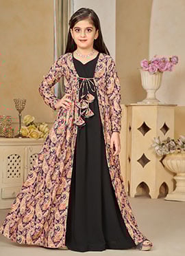 Black Digital Print Faux Georgette Kids Gown