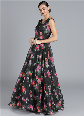 Black Digital Printed Organza Full Circular Gown