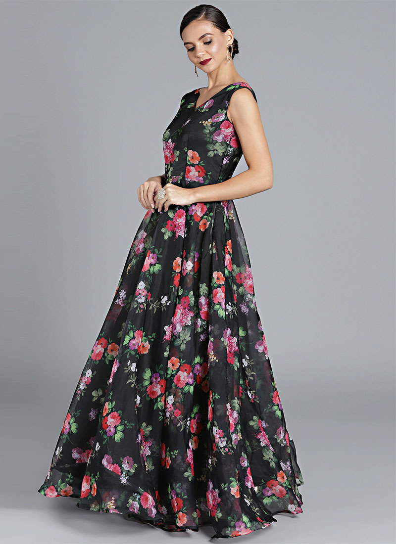 Black Digital Printed Organza Full Circular Gown Festive Wear