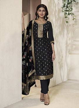 Black Dola Silk Jacquard Sequins Digital Print Straight Pant Suit