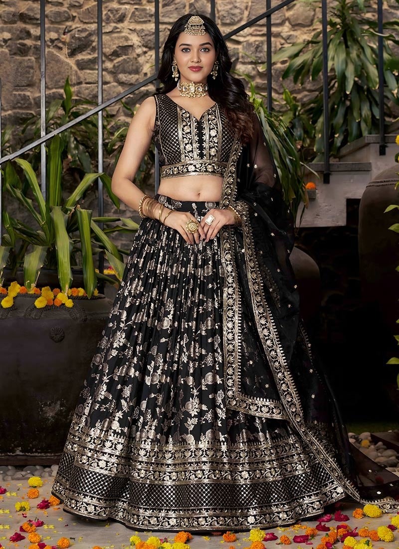 Black Dola Silk Jacquard Zari Embroidered Sequins Lehenga Wedding Wear