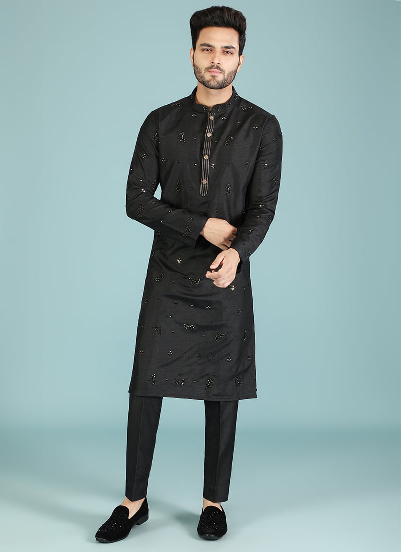 Black Dola Silk Kurta Pyjama Party Wear