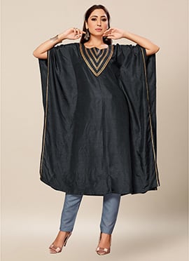 Grey Dola Silk Lace Work Kaftan