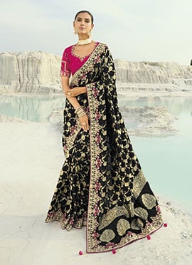 Black Dola Viscose Silk Zari Embroidered Sequins With Moti Work Saree