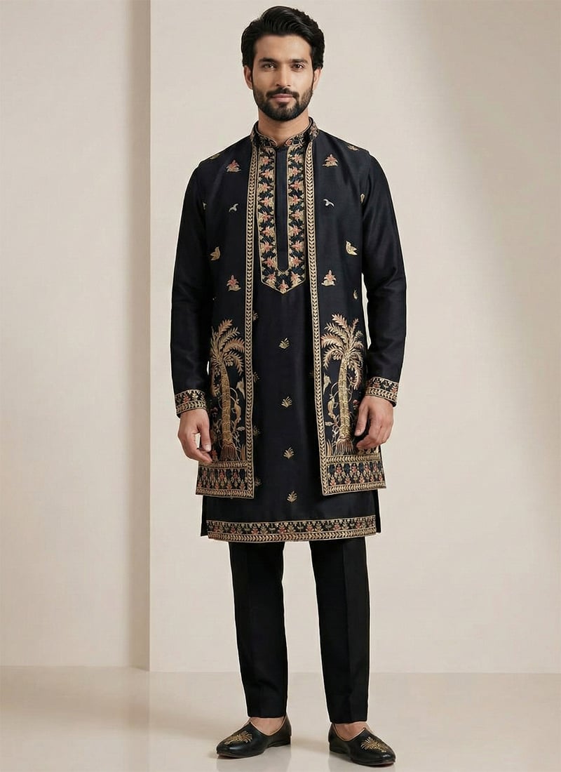 Black Donear Satin Thread Embroidered Bandi Set Wedding Wear