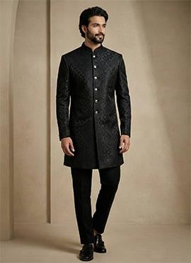 Black Dornier Jacquard Indowestern Sherwani