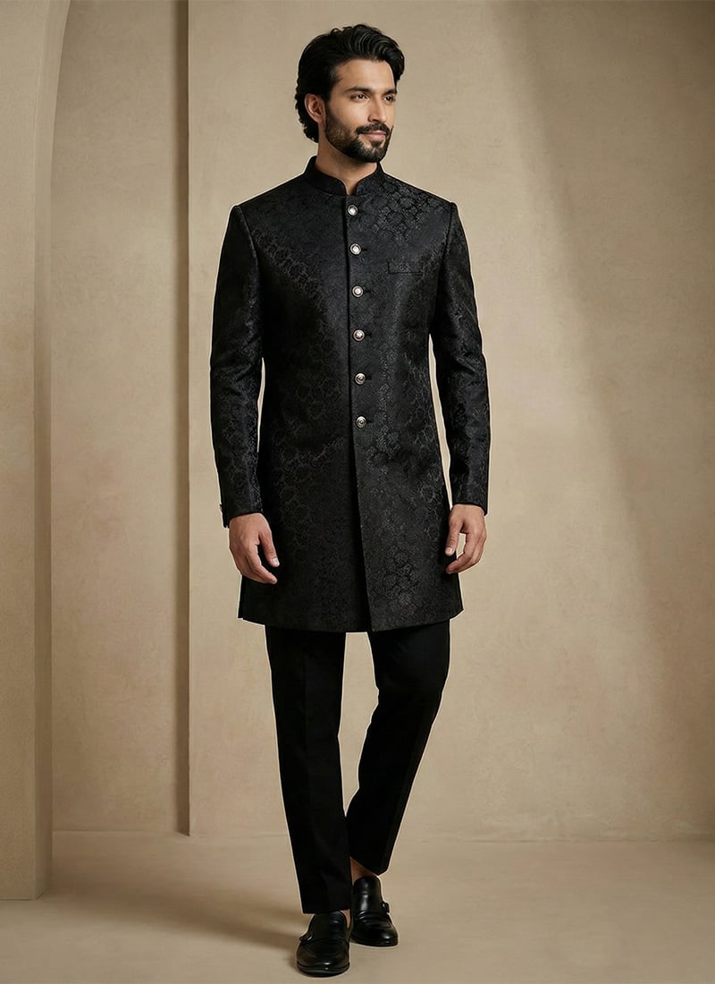 Black Dornier Jacquard Indowestern Sherwani Wedding Wear