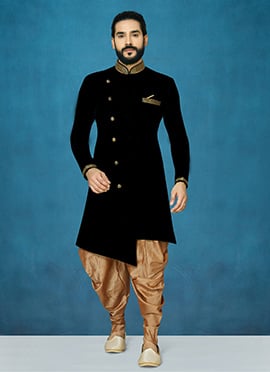 Black Dupion Art Silk Classic Sherwani