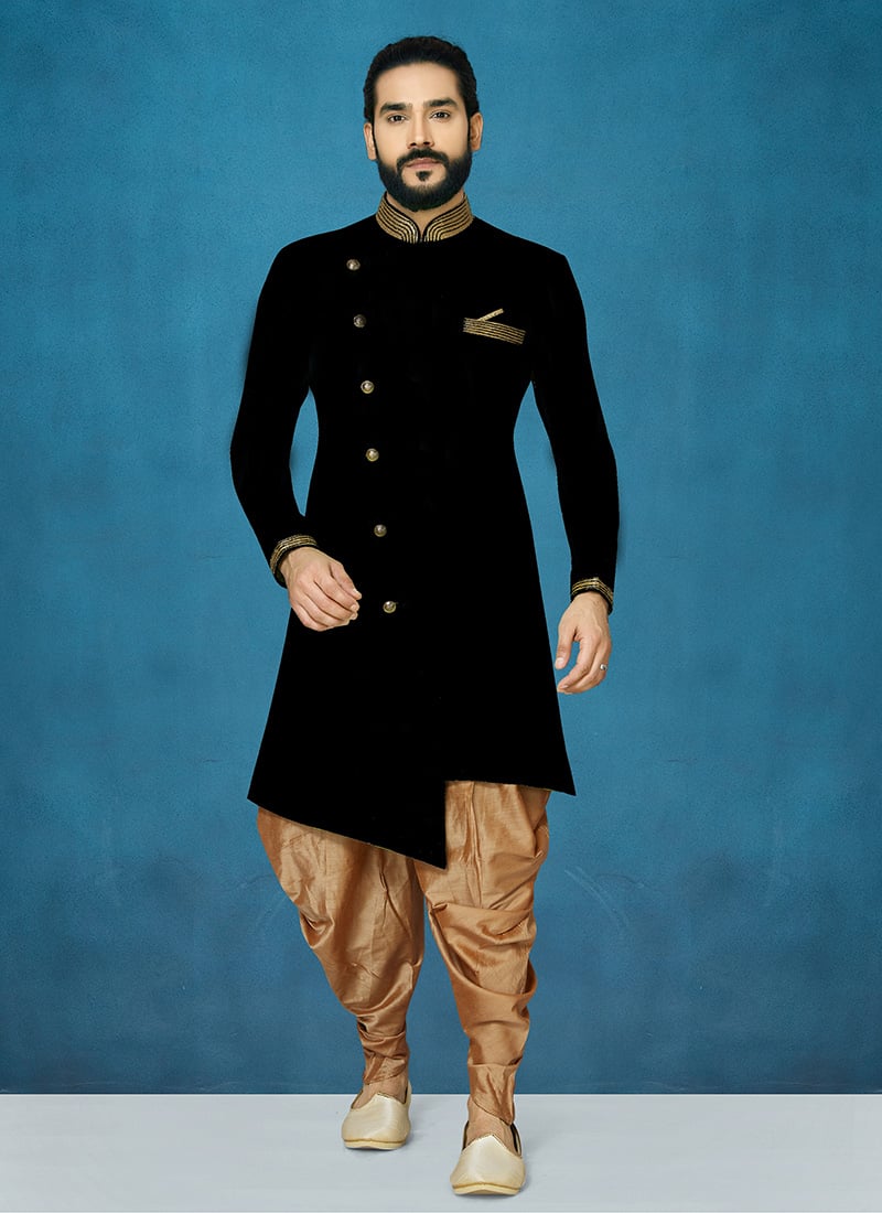 Black Dupion Art Silk Classic Sherwani Party Wear