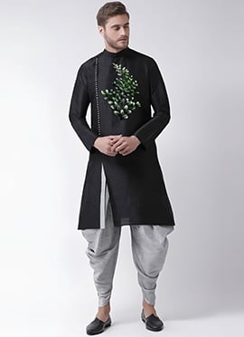 Black Dupion Embroidered Dhoti Style Indowestern Sherwani