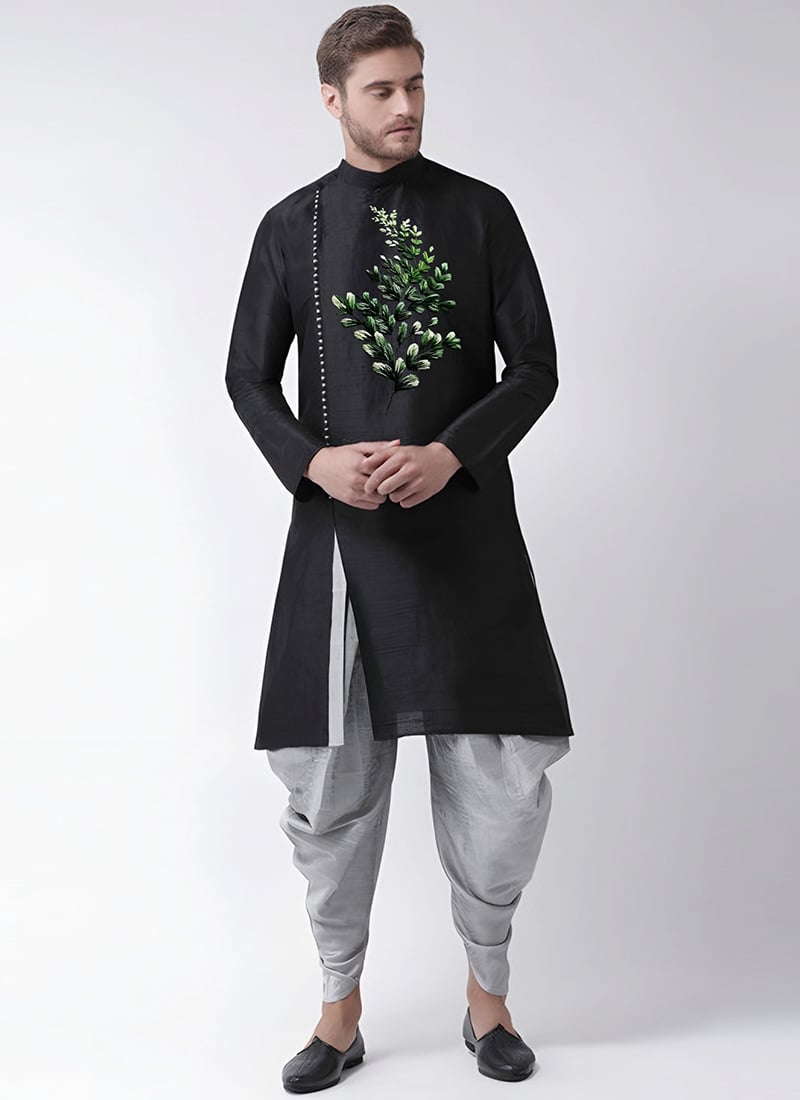 Black Dupion Embroidered Dhoti Style Indowestern Sherwani Festive Wear