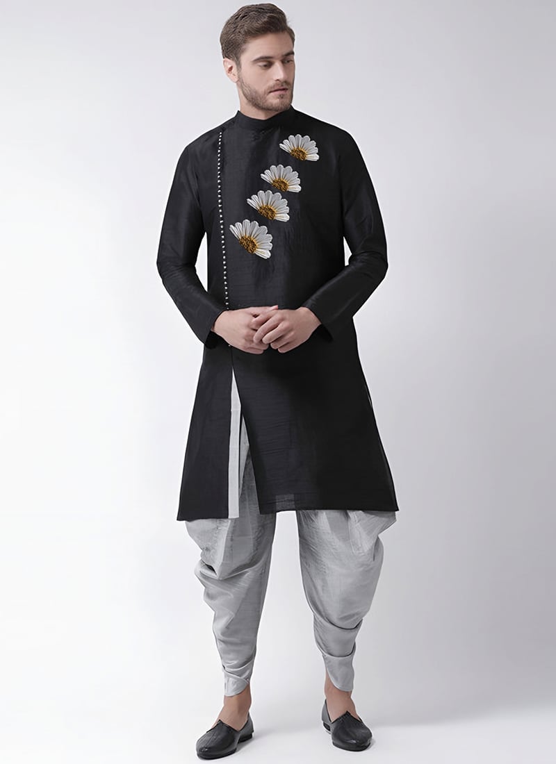 Black Dupion Embroidered Dhoti Style Indowestern Sherwani Festive Wear