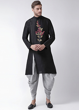 Black Dupion Embroidered Dhoti Style Indowestern Sherwani