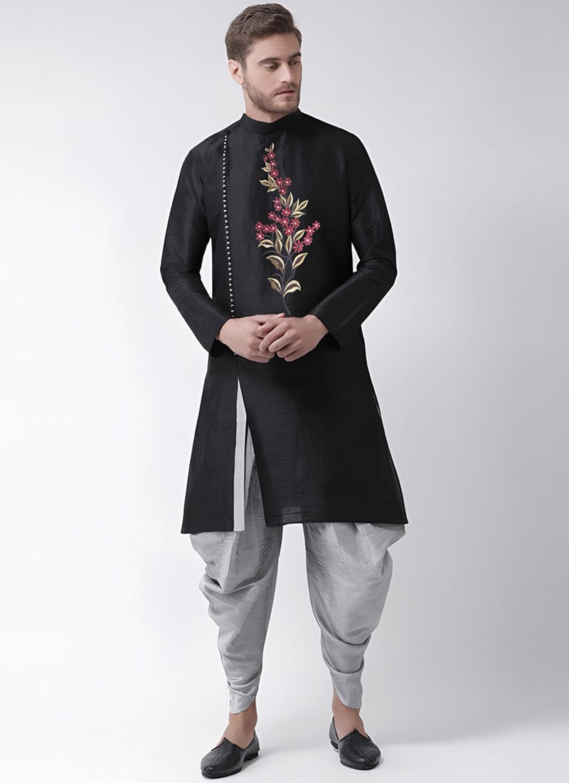 Black Dupion Embroidered Dhoti Style Indowestern Sherwani Festive Wear