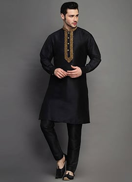 Black Dupion Embroidered Kurta Pyjama