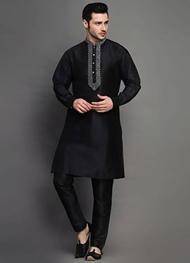 Black Dupion Embroidered Kurta Pyjama