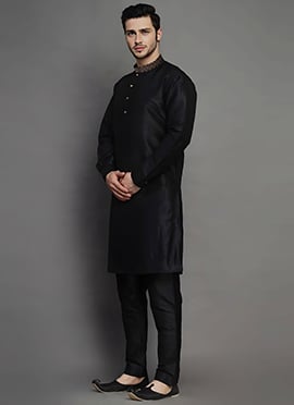 Black Dupion Embroidered Kurta Pyjama