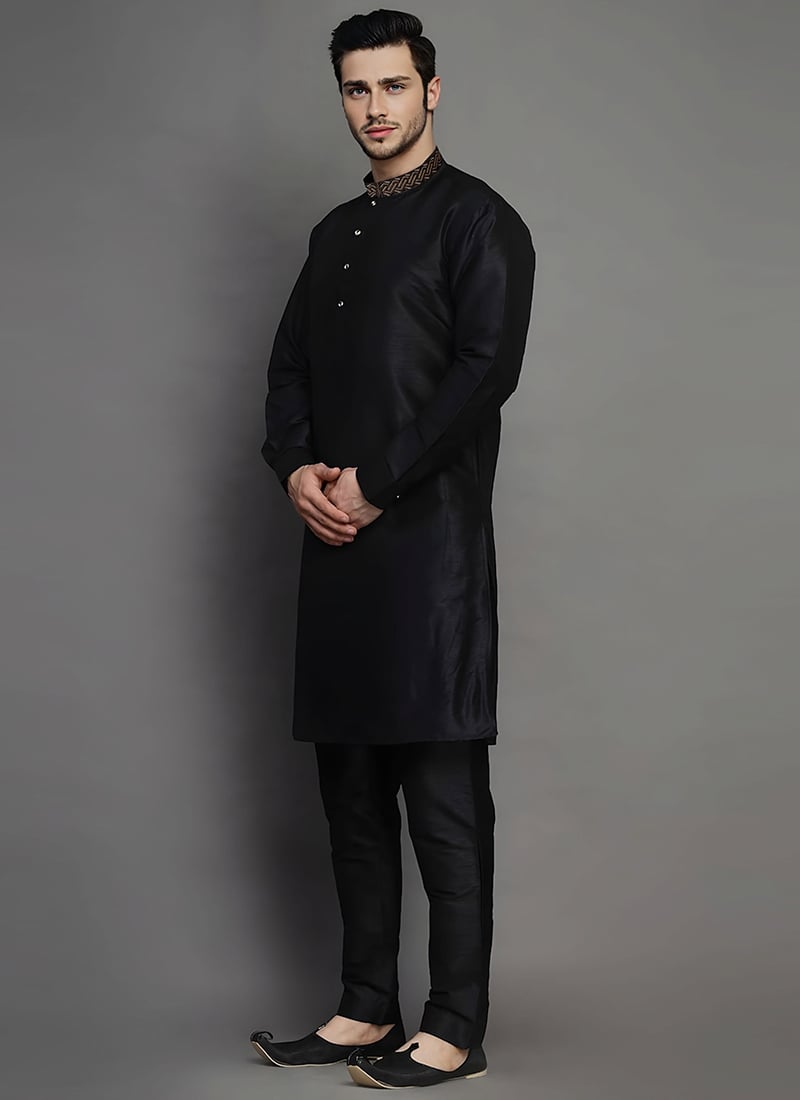 Black Dupion Embroidered Kurta Pyjama Festive Wear