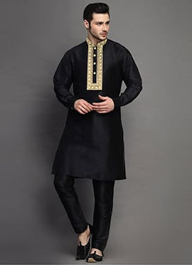 Black Dupion Embroidered Kurta Pyjama