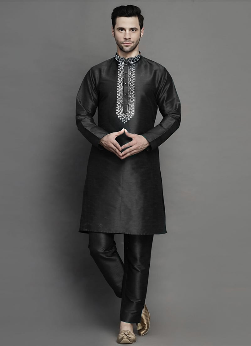 Black Dupion Embroidered Kurta Pyjama Festive Wear