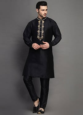 Black Dupion Embroidered Kurta Pyjama