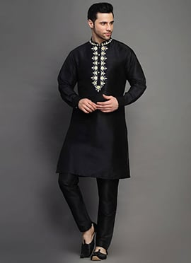 Black Dupion Embroidered Kurta Pyjama