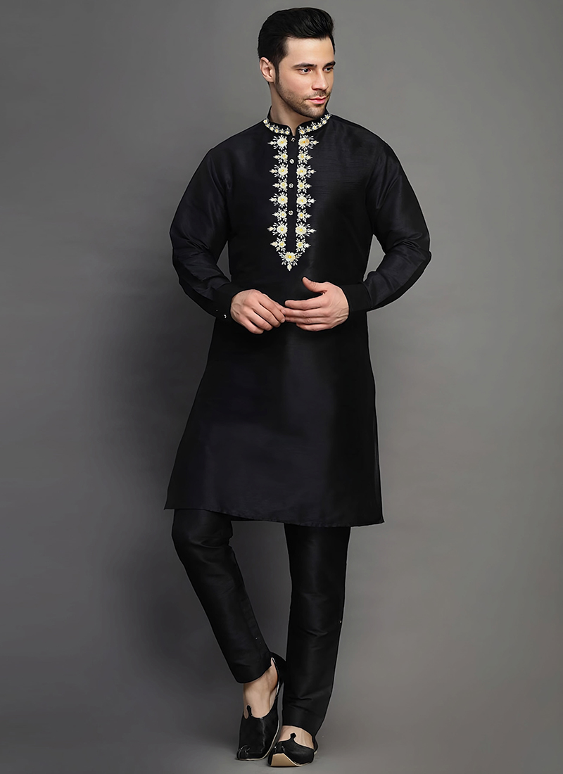 Black Dupion Embroidered Kurta Pyjama Festive Wear