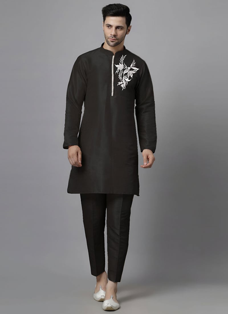 Black Dupion Embroidered Kurta Pyjama Festive Wear