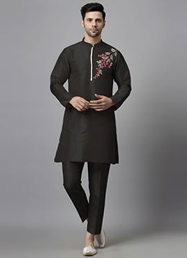 Black Dupion Embroidered Kurta Pyjama