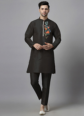 Black Dupion Embroidered Kurta Pyjama