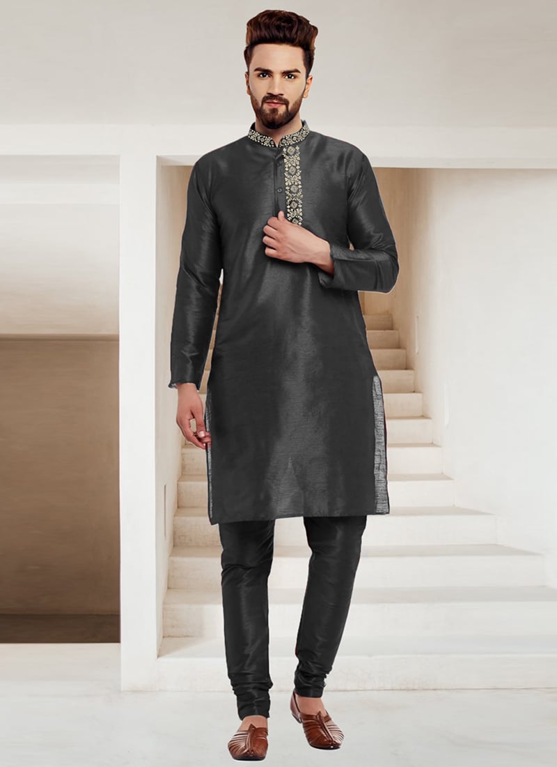 Black Dupion Embroidered Kurta Pyjama Festive Wear